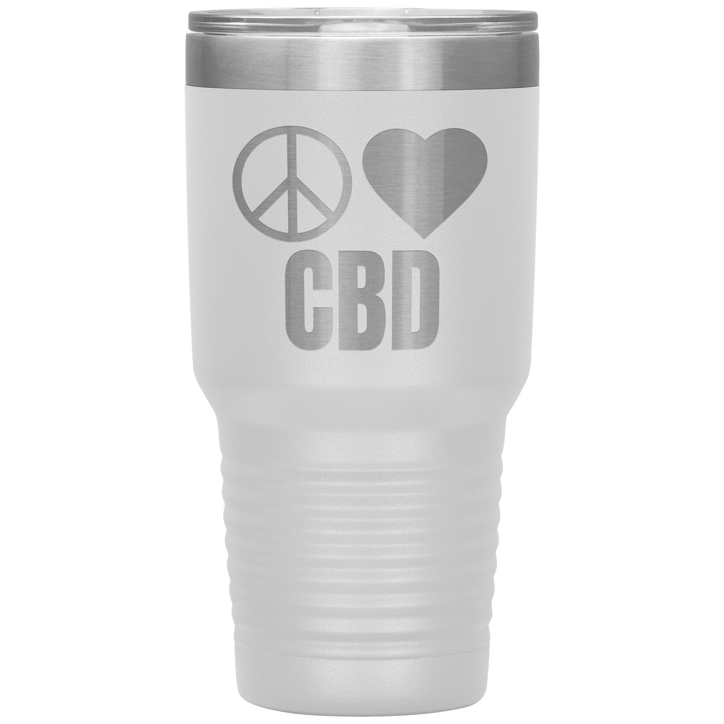 CBD THEMED TRAVEL MUG, PEACE LOVE & CBD